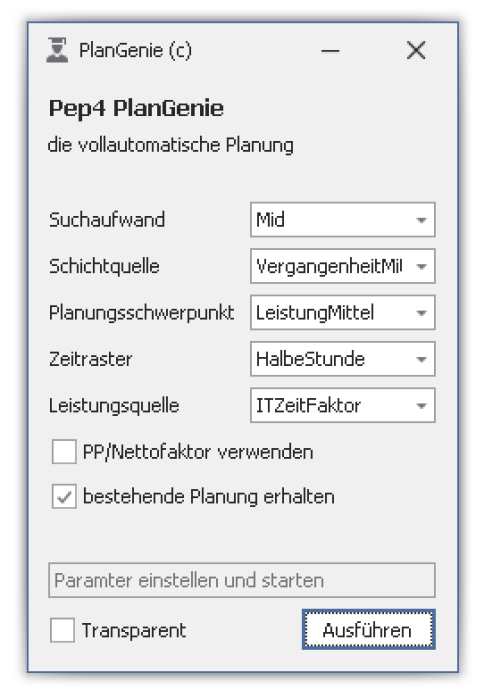 PlanGenie-Dialog mit Zeitraster HalbeStunde und Leistungsquelle