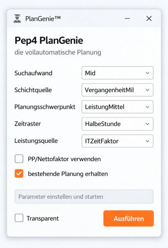 PlanGenie-Dialog als Mockup mit den Einstellungen für die automatische Planung